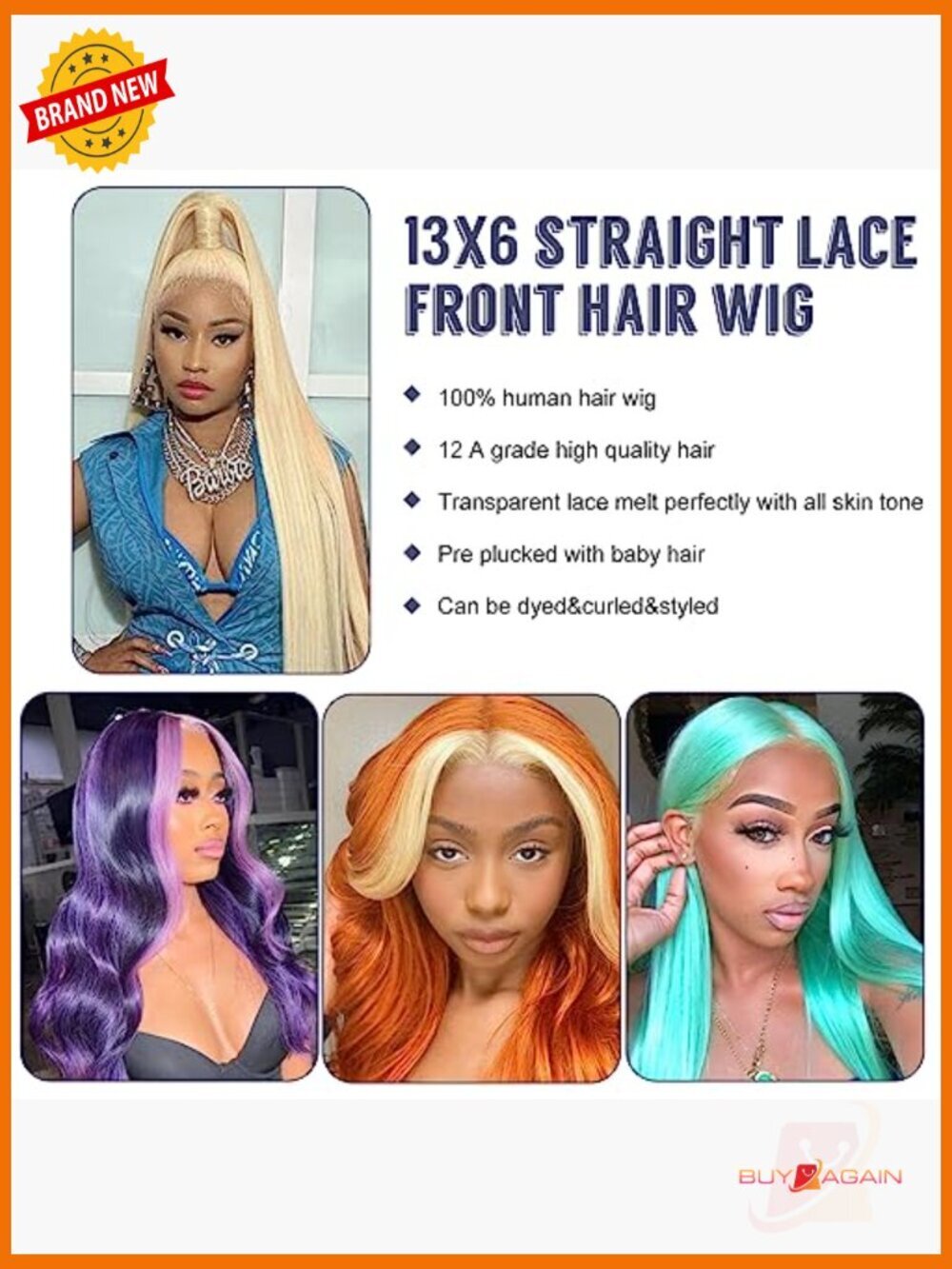 13x6 Lace Front Wig Human Hair Straight 200 Density Pre Plucked with Baby Hair - Picture 5 of 6